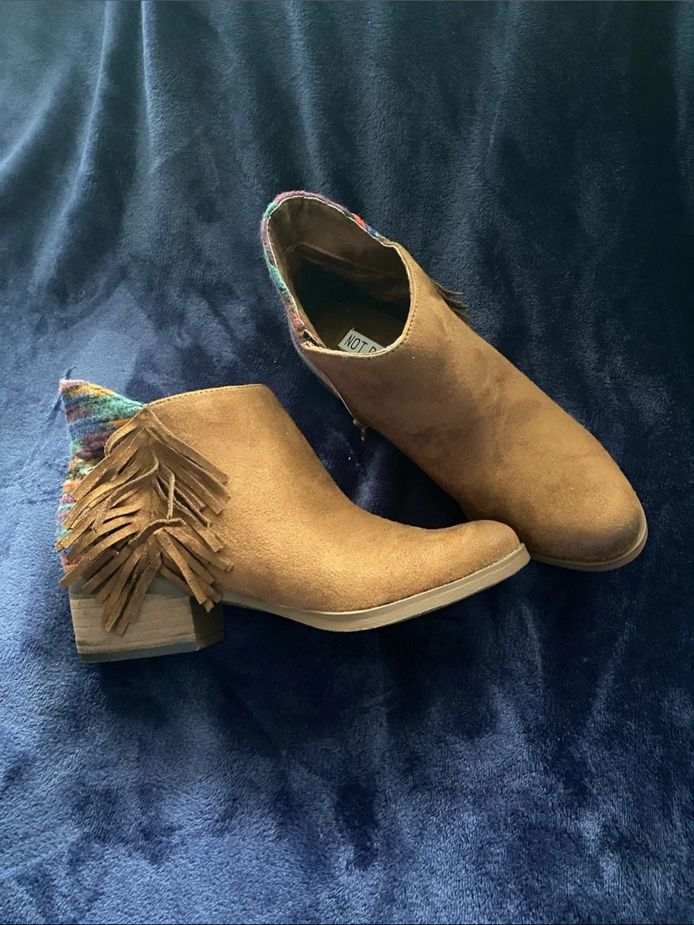 Not Rated Brown Suede Fringe Ankle Boots with Colorful Woven Accent
